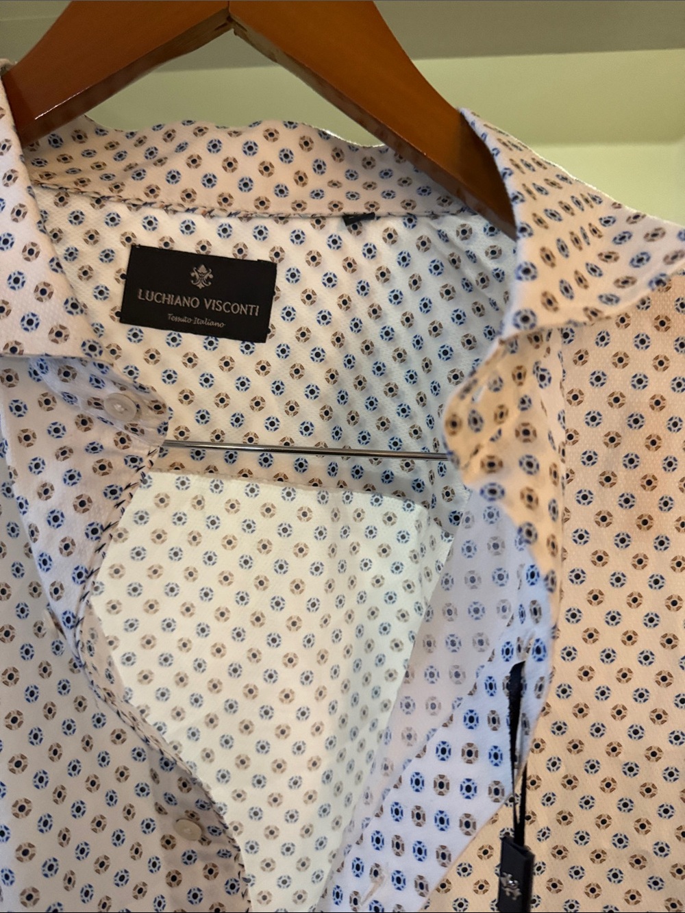 Men's White Button-Down Shirt with Blue Micro Pattern